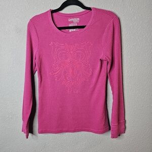 Danskin Now Active Y2K 00s Owl Graphic Striped Long Sleeve Tee‎ Pink Size Medium